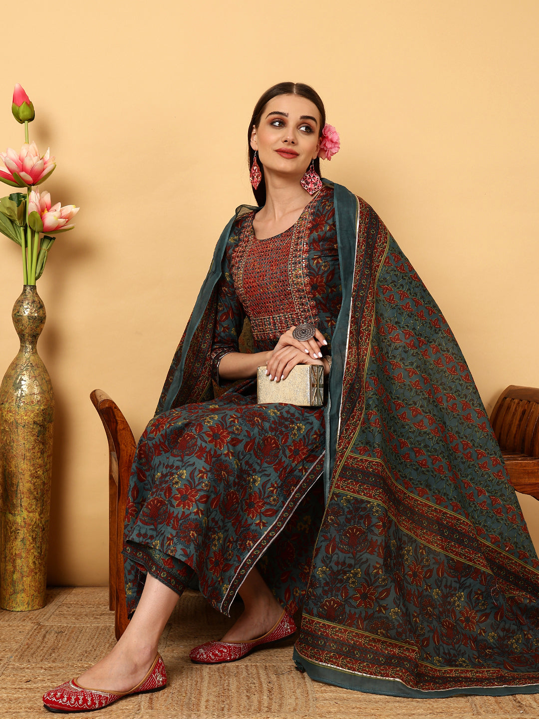 Cotton Calf Length Floral Semi-Flared 3/4 Sleeves Round Neck Kurta Bottom Dupatta Set