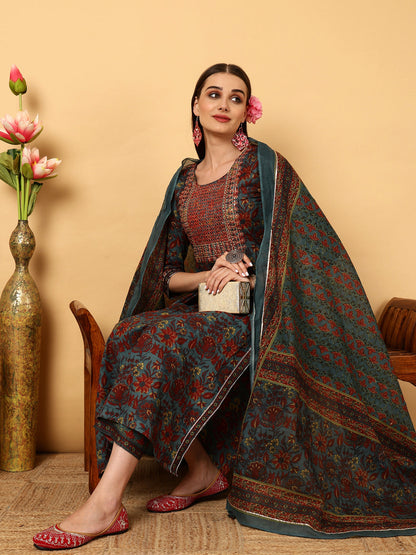 Cotton Calf Length Floral Semi-Flared 3/4 Sleeves Round Neck Kurta Bottom Dupatta Set