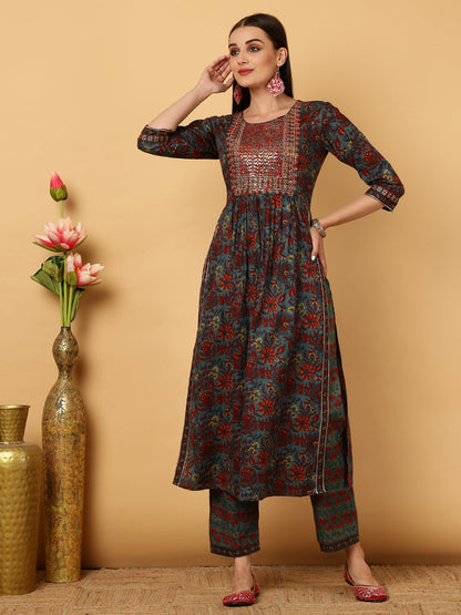 Cotton Calf Length Floral Semi-Flared 3/4 Sleeves Round Neck Kurta Bottom Dupatta Set