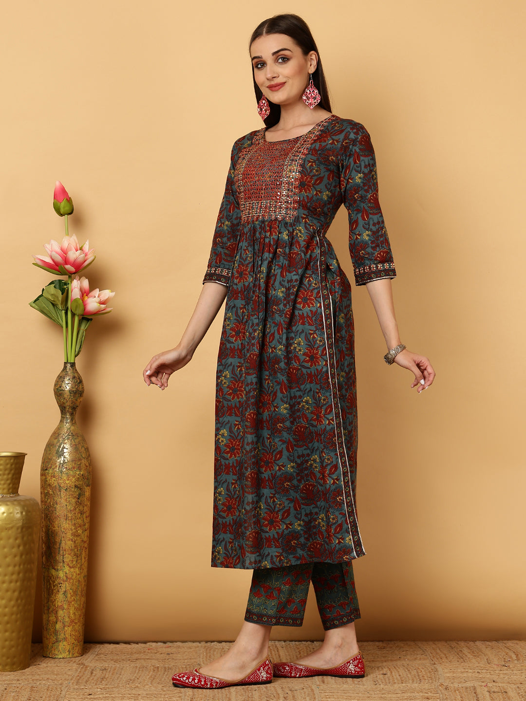 Cotton Calf Length Floral Semi-Flared 3/4 Sleeves Round Neck Kurta Bottom Dupatta Set