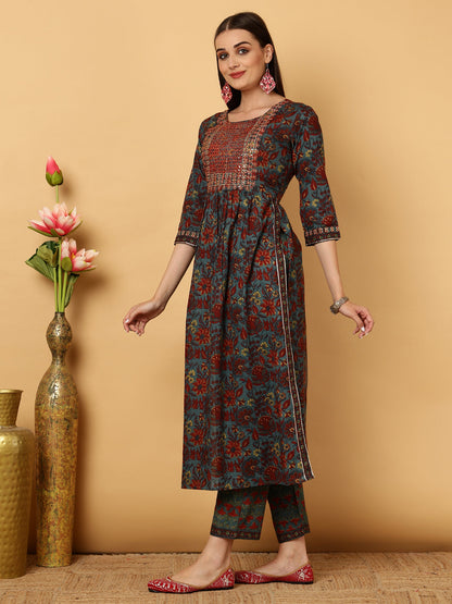 Cotton Calf Length Floral Semi-Flared 3/4 Sleeves Round Neck Kurta Bottom Dupatta Set