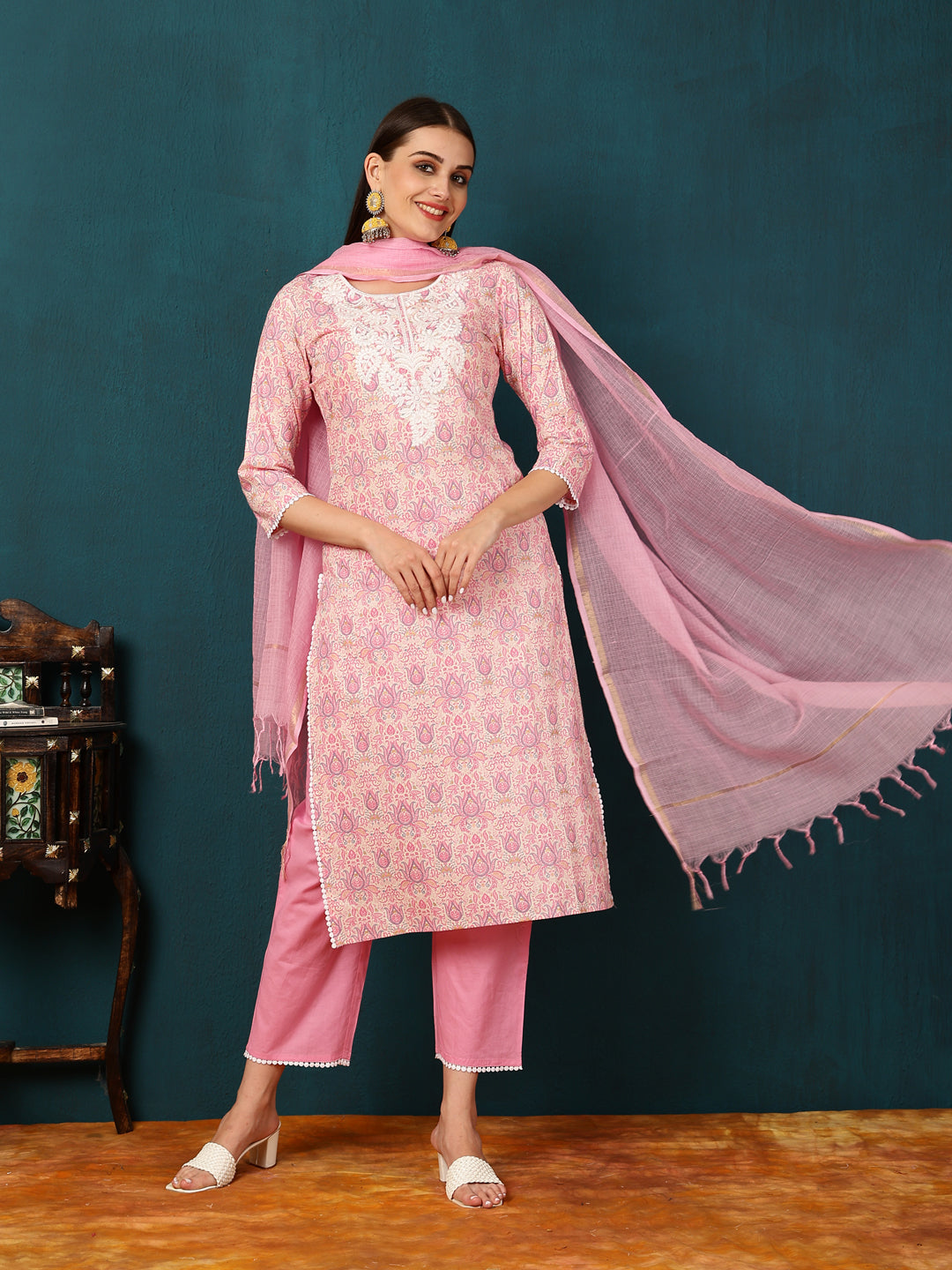 Cotton Knee Length Motif Straight 3/4 Sleeves Round Neck Kurta Bottom Dupatta Set