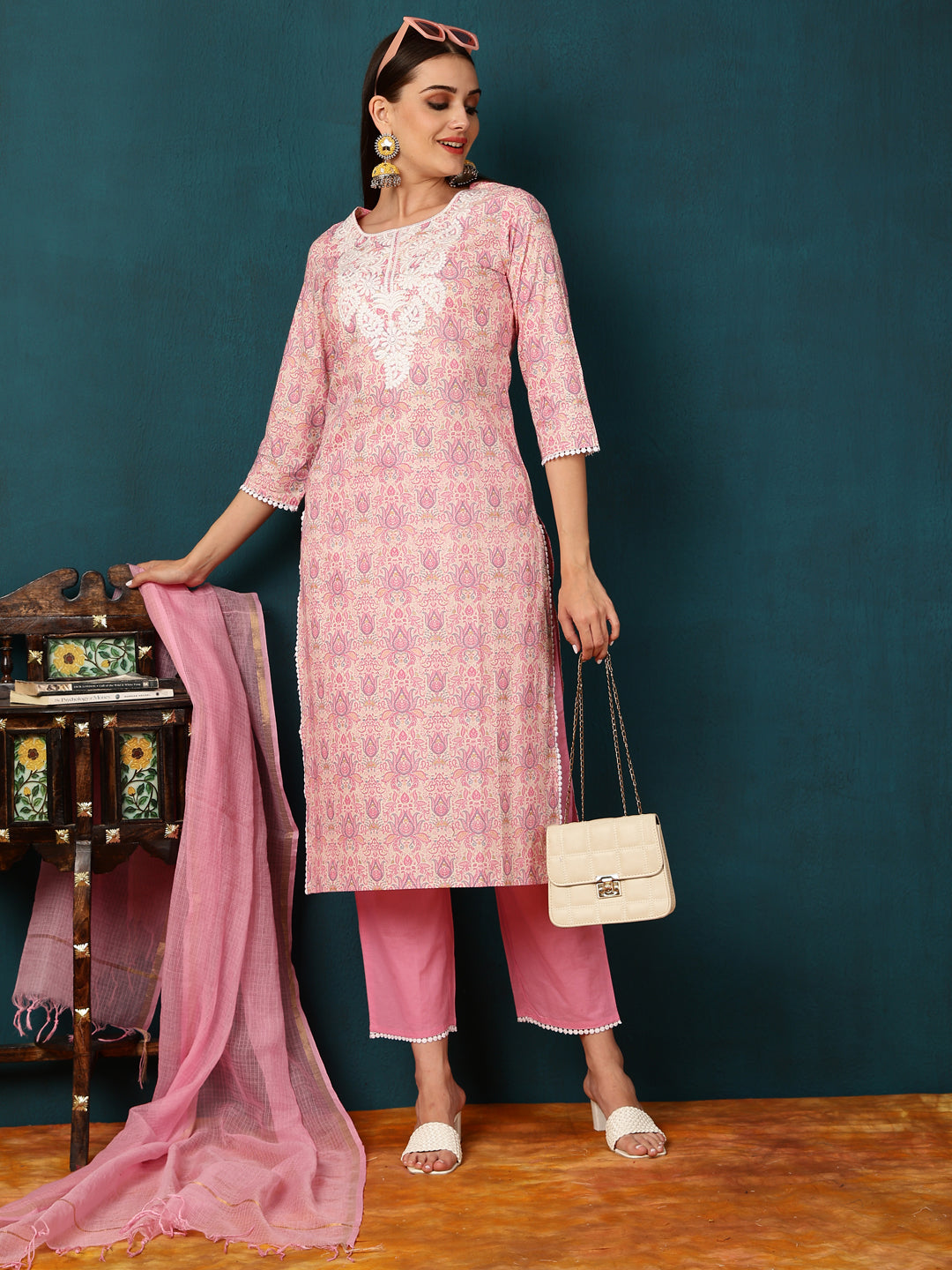 Cotton Knee Length Motif Straight 3/4 Sleeves Round Neck Kurta Bottom Dupatta Set