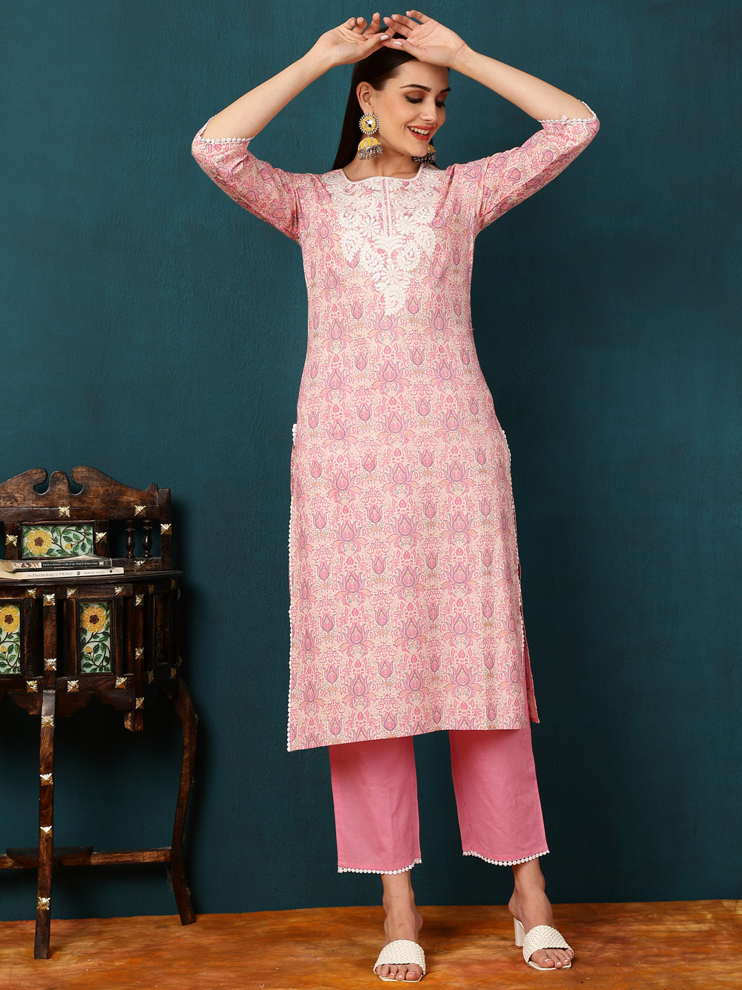 Cotton Knee Length Motif Straight 3/4 Sleeves Round Neck Kurta Bottom Dupatta Set