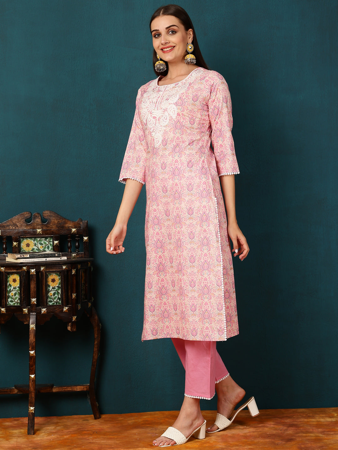 Cotton Knee Length Motif Straight 3/4 Sleeves Round Neck Kurta Bottom Dupatta Set