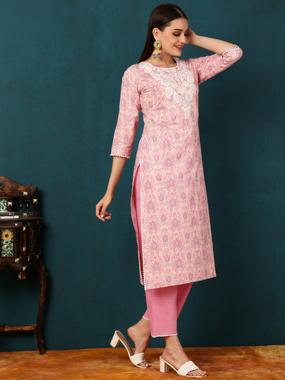 Cotton Knee Length Motif Straight 3/4 Sleeves Round Neck Kurta Bottom Dupatta Set