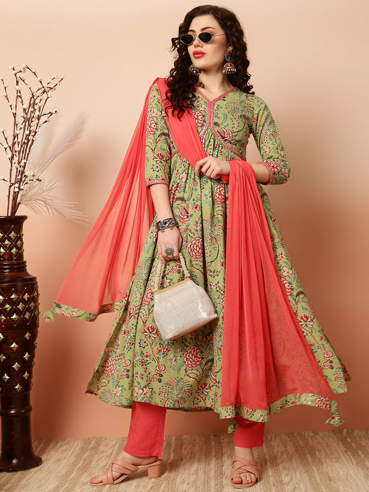 Cotton Calf Length Semi-Flared 3/4 Sleeves V Kurta Bottom Dupatta Set