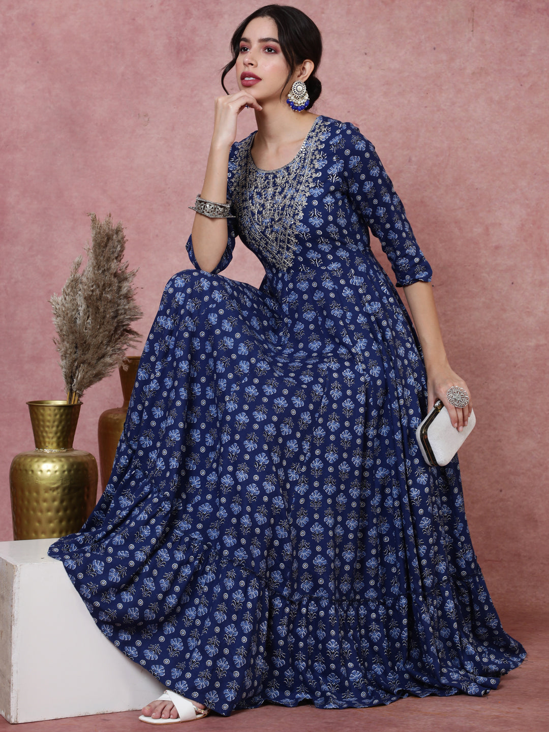 Rayon  Ankle Length Printed Flared 3/4 Sleeves Round Kurta