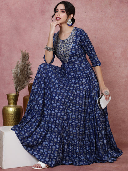 Rayon  Ankle Length Printed Flared 3/4 Sleeves Round Kurta