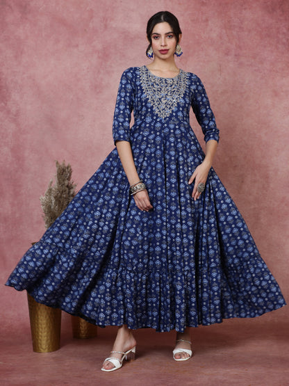 Rayon  Ankle Length Printed Flared 3/4 Sleeves Round Kurta