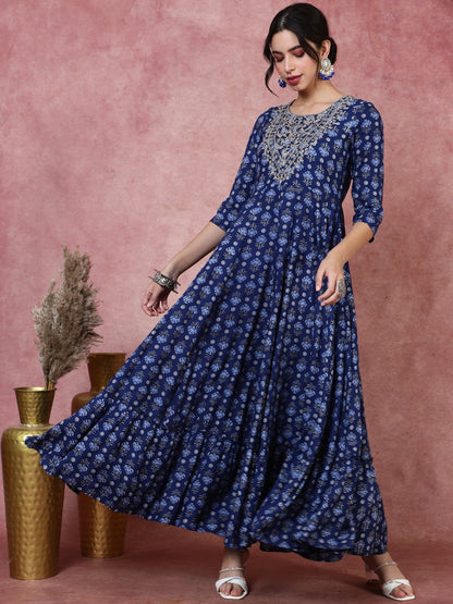 Rayon  Ankle Length Printed Flared 3/4 Sleeves Round Kurta