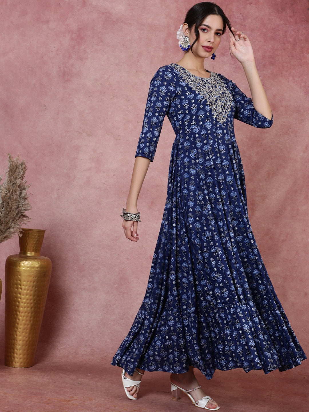 Rayon  Ankle Length Printed Flared 3/4 Sleeves Round Kurta
