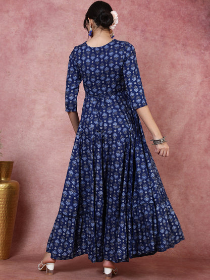 Rayon  Ankle Length Printed Flared 3/4 Sleeves Round Kurta