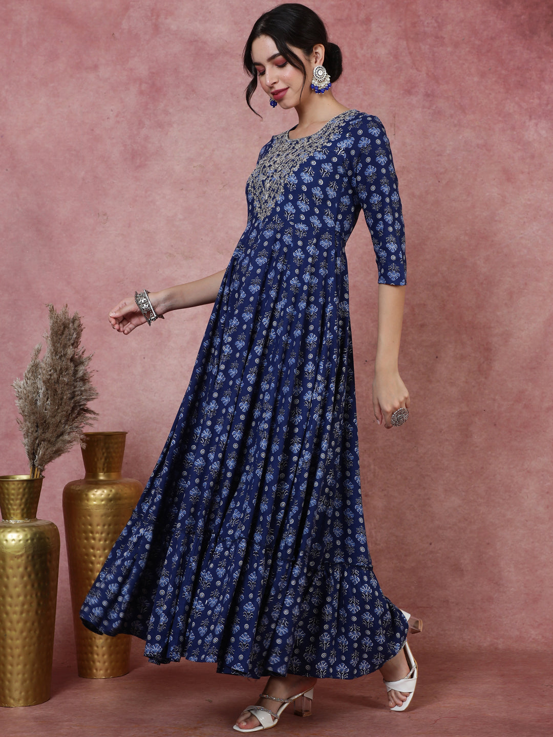 Rayon  Ankle Length Printed Flared 3/4 Sleeves Round Kurta