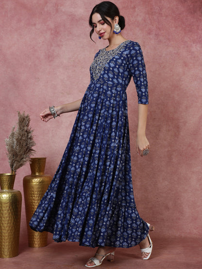 Rayon  Ankle Length Printed Flared 3/4 Sleeves Round Kurta