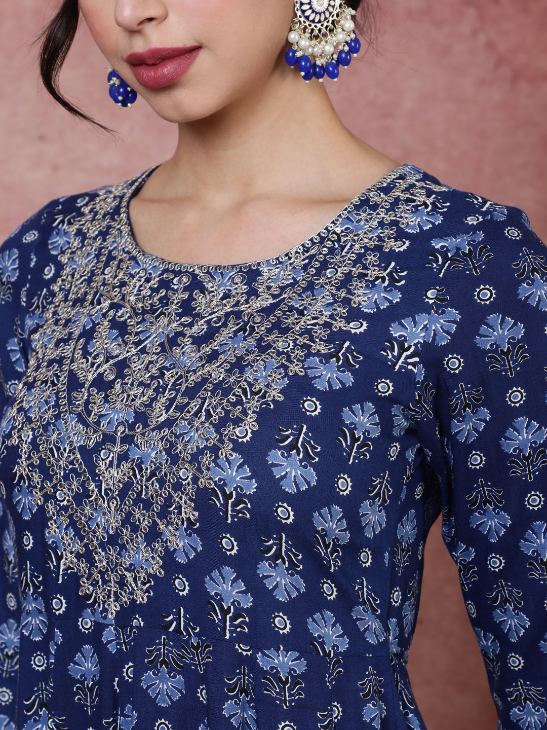 Rayon  Ankle Length Printed Flared 3/4 Sleeves Round Kurta