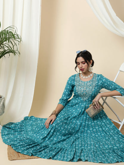 Rayon  Ankle Length Printed Flared 3/4 Sleeves Round Kurta