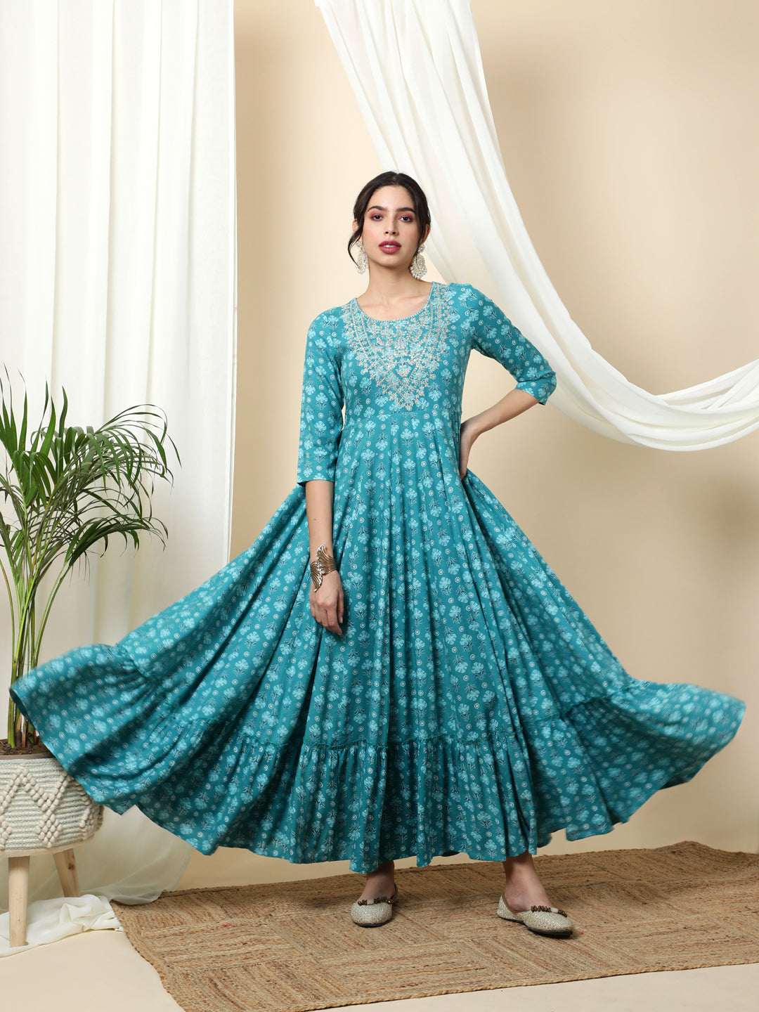 Rayon  Ankle Length Printed Flared 3/4 Sleeves Round Kurta