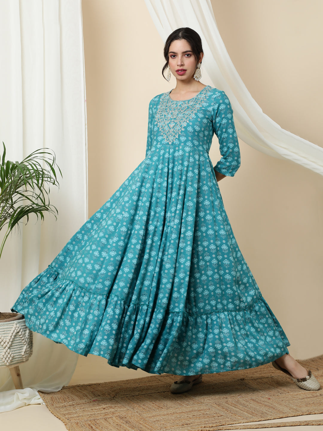 Rayon  Ankle Length Printed Flared 3/4 Sleeves Round Kurta