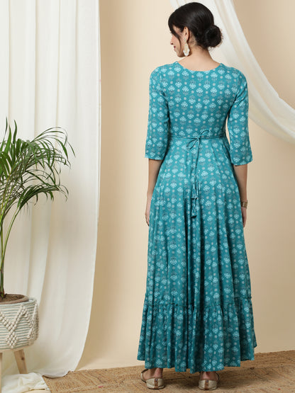 Rayon  Ankle Length Printed Flared 3/4 Sleeves Round Kurta