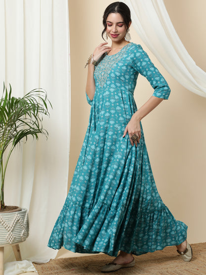Rayon  Ankle Length Printed Flared 3/4 Sleeves Round Kurta