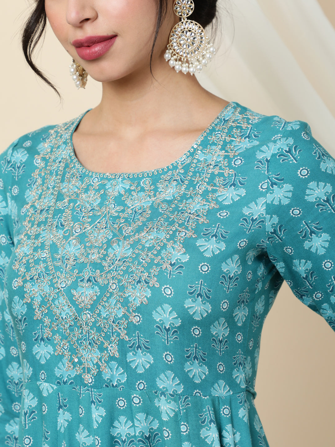 Rayon  Ankle Length Printed Flared 3/4 Sleeves Round Kurta