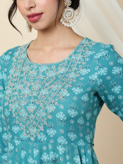 Rayon  Ankle Length Printed Flared 3/4 Sleeves Round Kurta