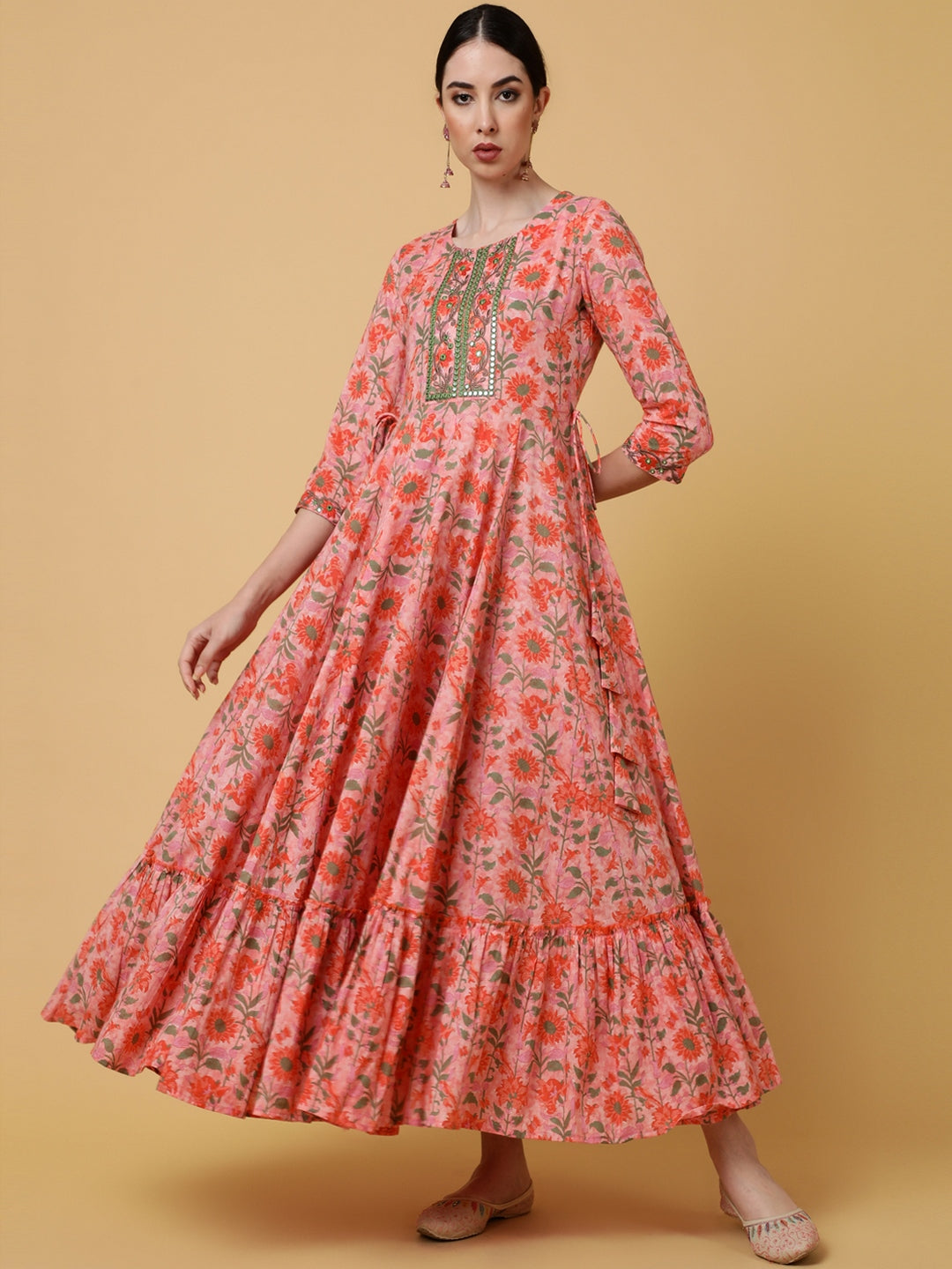 Rayon Ankle Length Printed Flared 3/4 Sleeves Round Kurta