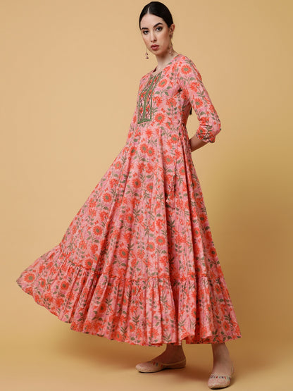 Rayon Ankle Length Printed Flared 3/4 Sleeves Round Kurta