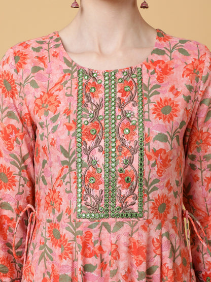 Rayon Ankle Length Printed Flared 3/4 Sleeves Round Kurta