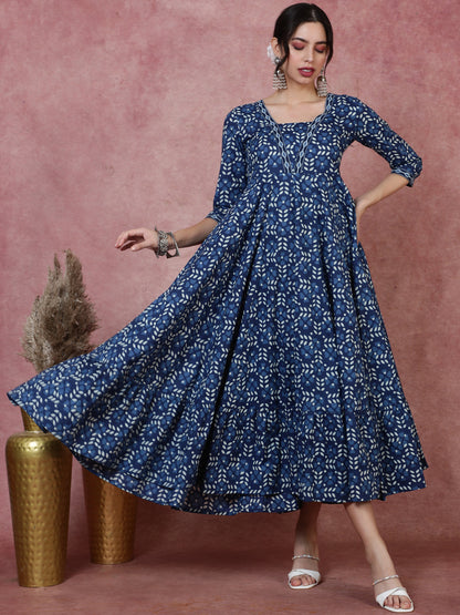 Cotton  Calf Length Printed Flared 3/4 Sleeves Square Kurta