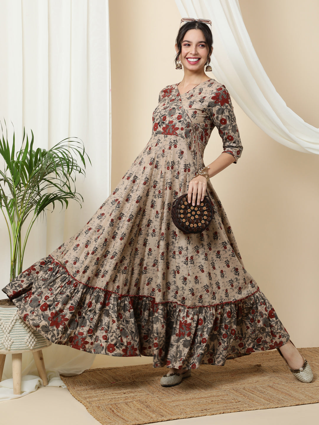 Cotton  Ankle Length Printed Flared 3/4 Sleeves V-Neck Kurta