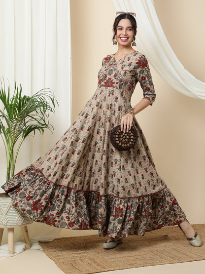 Cotton  Ankle Length Printed Flared 3/4 Sleeves V-Neck Kurta