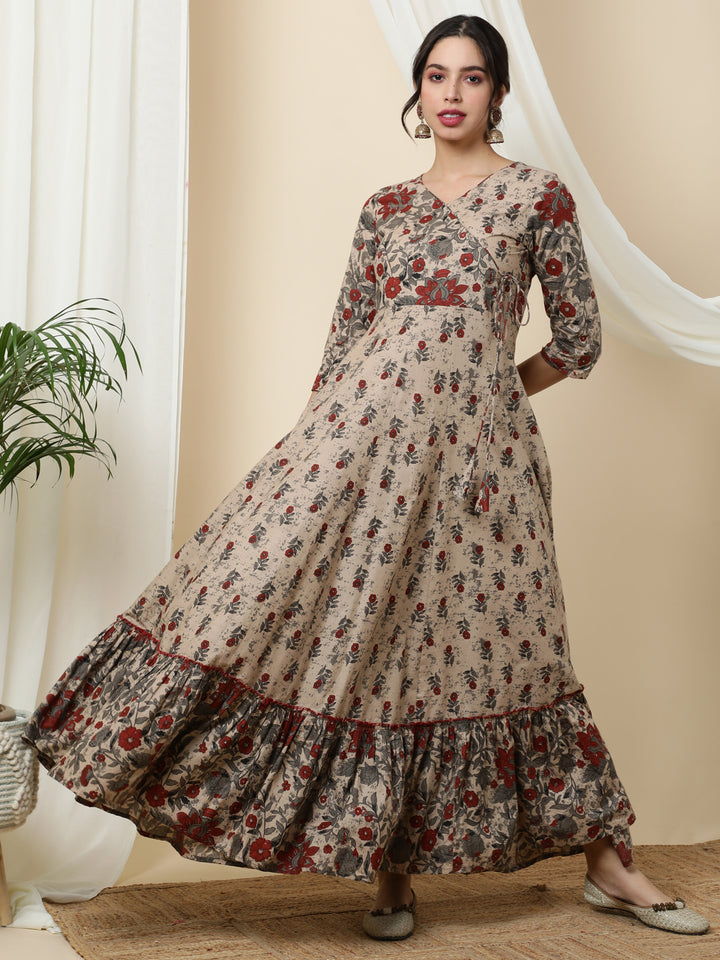 Cotton  Ankle Length Printed Flared 3/4 Sleeves V-Neck Kurta