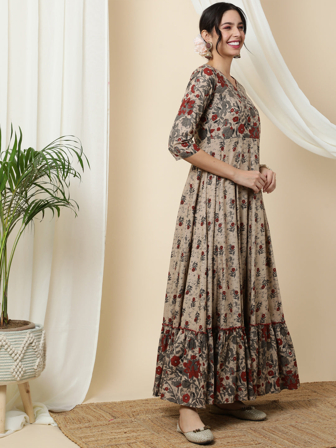 Cotton  Ankle Length Printed Flared 3/4 Sleeves V-Neck Kurta