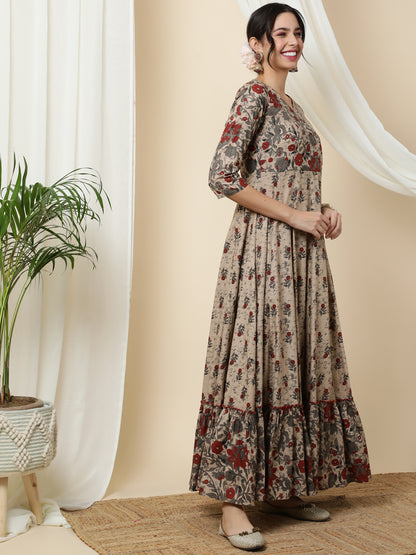 Cotton  Ankle Length Printed Flared 3/4 Sleeves V-Neck Kurta