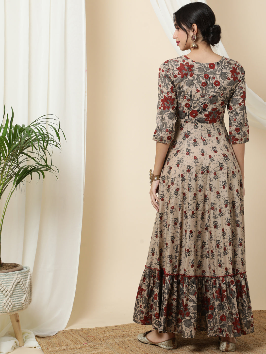 Cotton  Ankle Length Printed Flared 3/4 Sleeves V-Neck Kurta