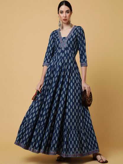 Cotton Ankle Length Printed Flared 3/4 Sleeves V-Neck Kurta