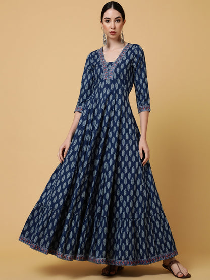 Cotton Ankle Length Printed Flared 3/4 Sleeves V-Neck Kurta