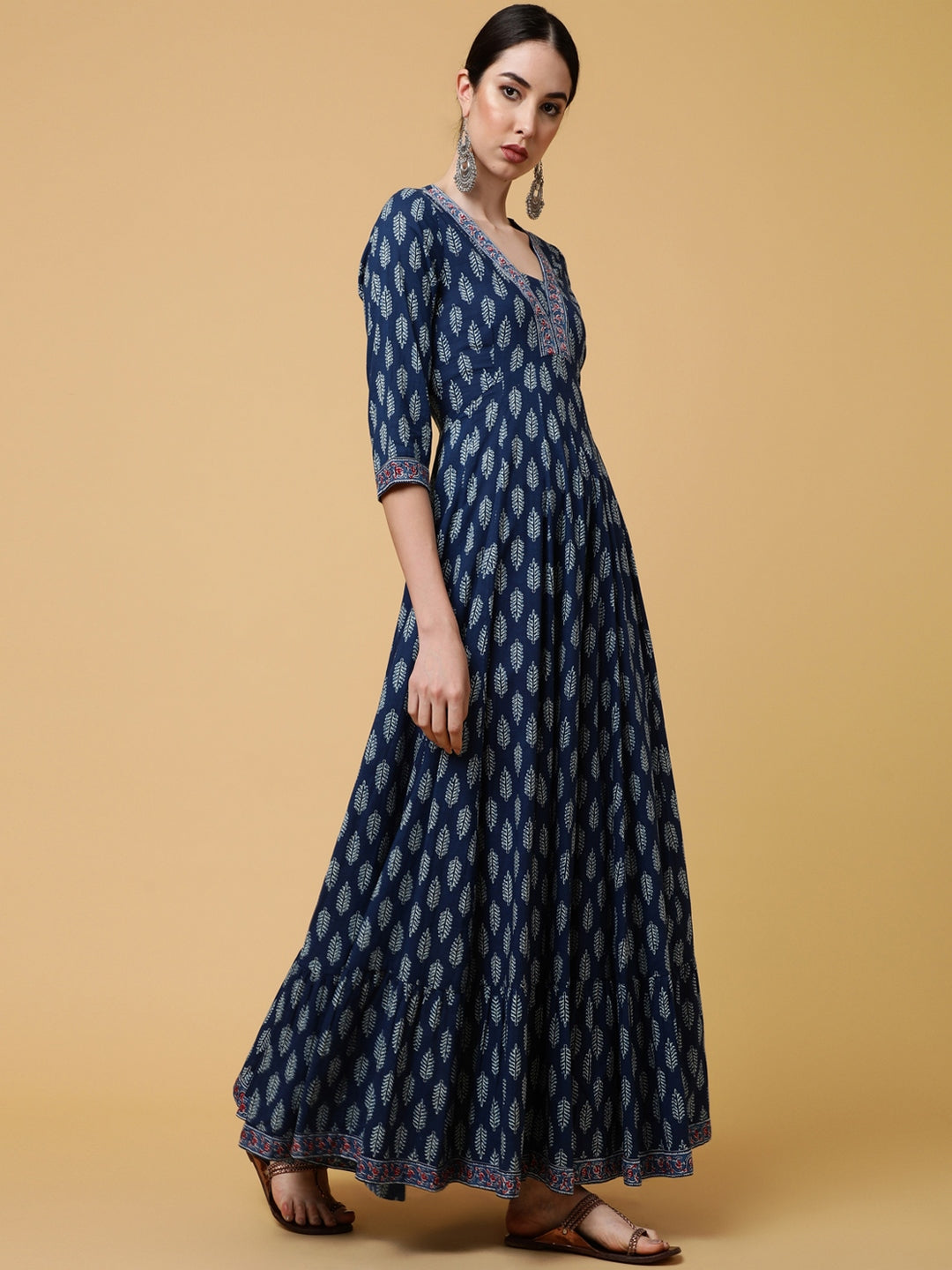 Cotton Ankle Length Printed Flared 3/4 Sleeves V-Neck Kurta