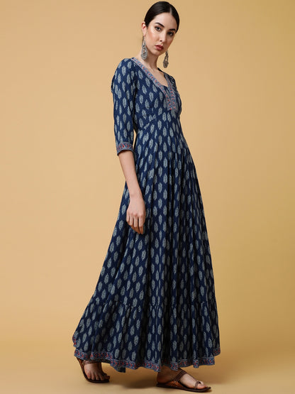 Cotton Ankle Length Printed Flared 3/4 Sleeves V-Neck Kurta