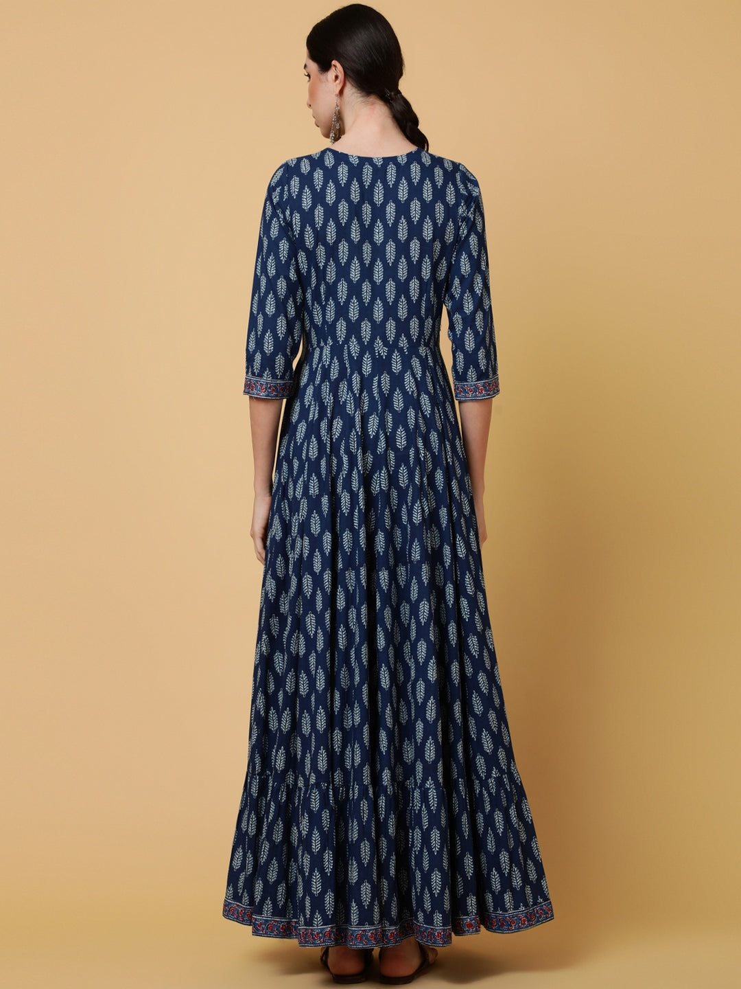 Cotton Ankle Length Printed Flared 3/4 Sleeves V-Neck Kurta