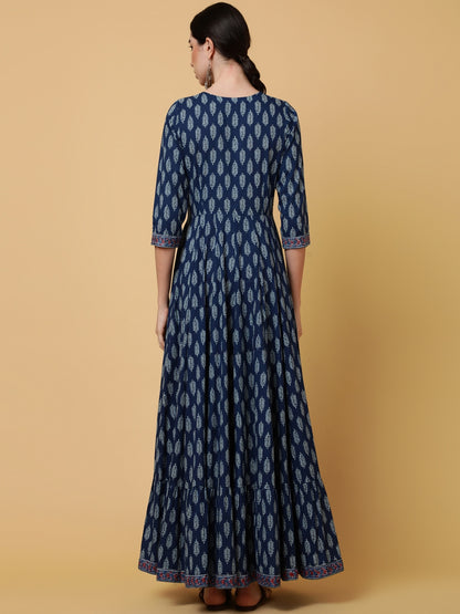 Cotton Ankle Length Printed Flared 3/4 Sleeves V-Neck Kurta