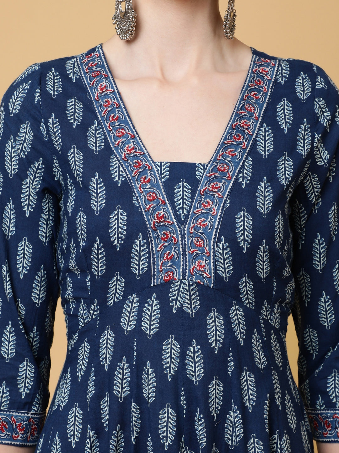 Cotton Ankle Length Printed Flared 3/4 Sleeves V-Neck Kurta
