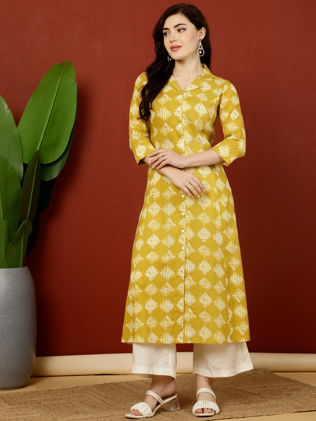 Cotton Calf Length A-Line 3/4 Sleeves Shirt Coller Kurta