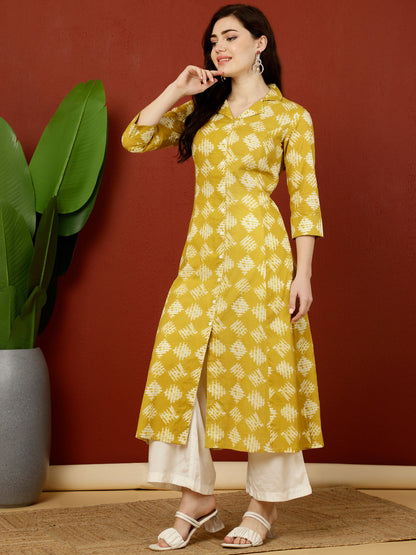 Cotton Calf Length A-Line 3/4 Sleeves Shirt Coller Kurta