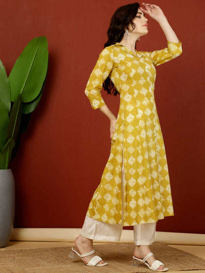 Cotton Calf Length A-Line 3/4 Sleeves Shirt Coller Kurta