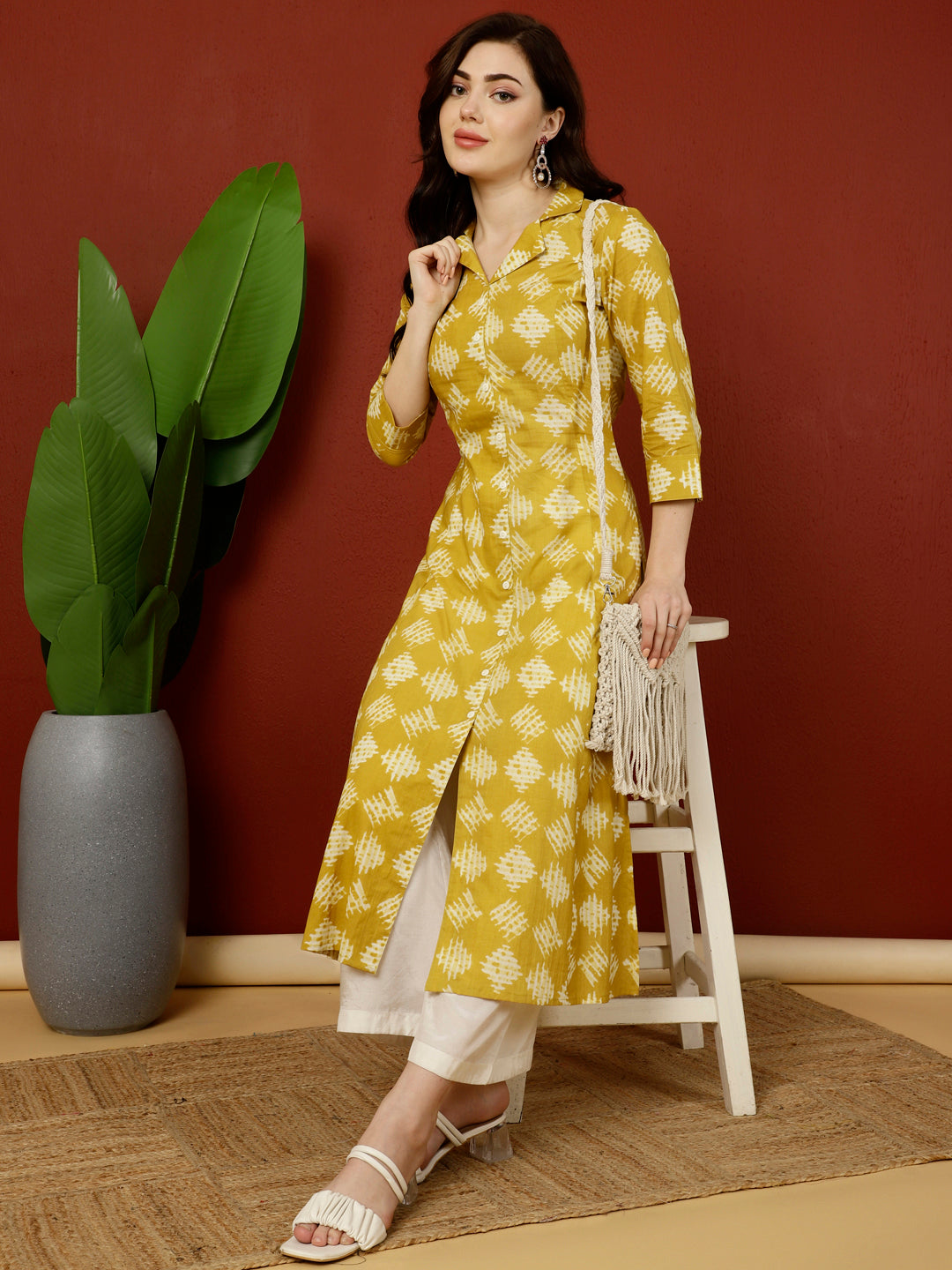 Cotton Calf Length A-Line 3/4 Sleeves Shirt Coller Kurta