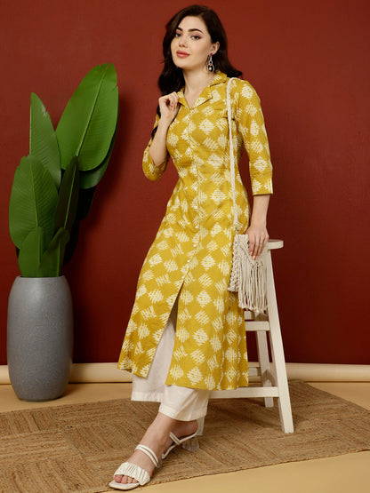 Cotton Calf Length A-Line 3/4 Sleeves Shirt Coller Kurta