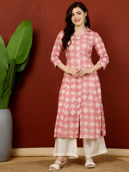 Cotton Calf Length A-Line 3/4 Sleeves Shirt Coller Kurta